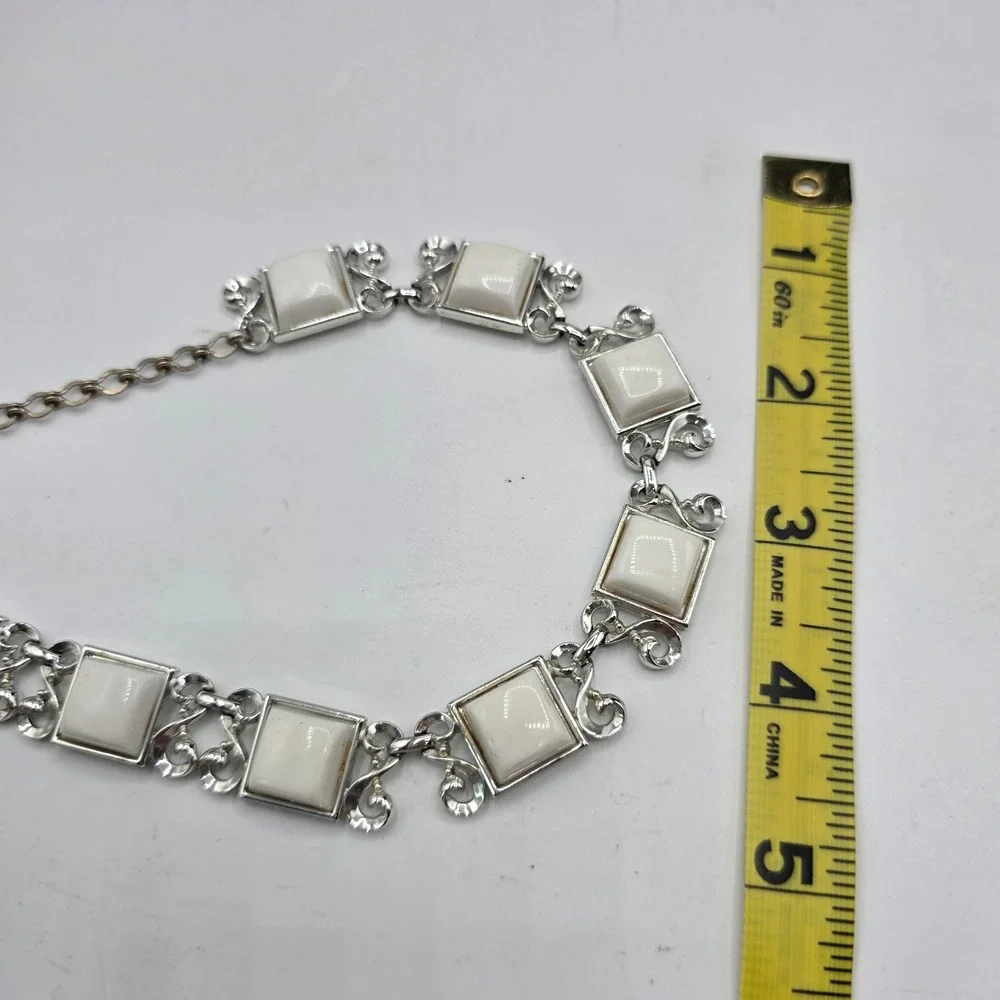 Vintage Charel Silver Tone White Thermoset Choker Necklace and Earring Set